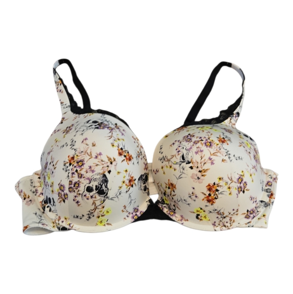 Floral Skull Print Push-Up Bra - White/Black